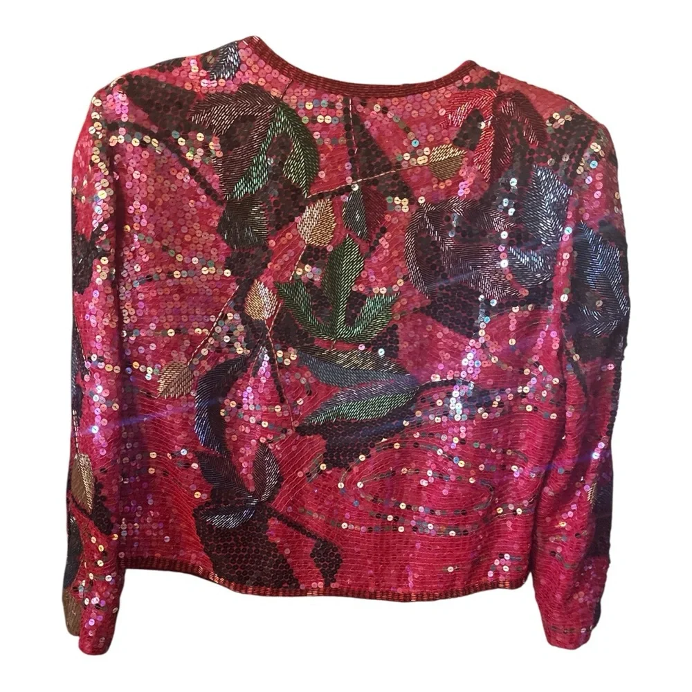 Vintage 80s Neiman Marcus Sequin Bolero Jacket Red Multicolor - Picture 4 of 5